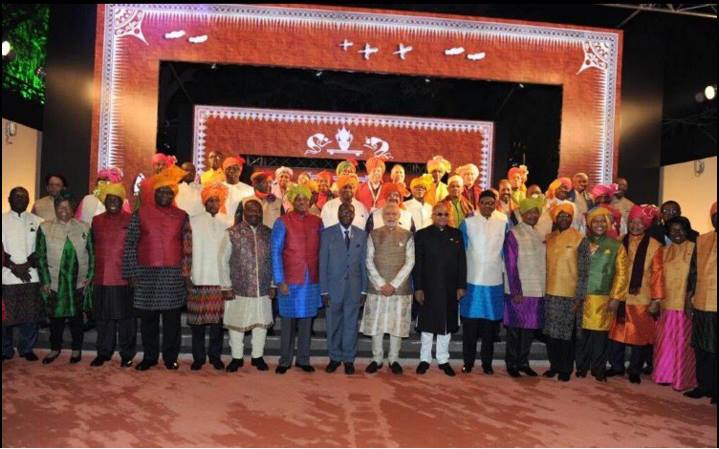 Group photo of the heads of state and government who attended the India-Africa Summit. President Mugabe stands out in his grey suit.